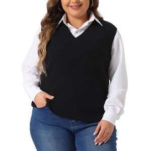 Plus Size V Neck Striped Knit Casual Pullover Sweater Vests Black